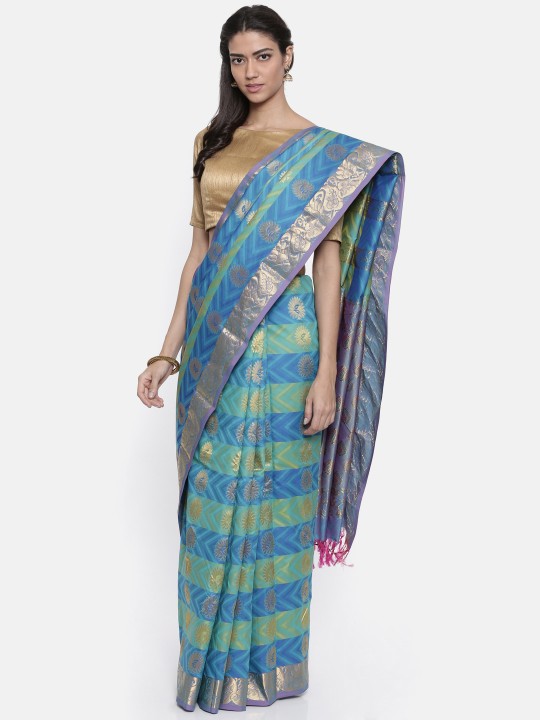 Classicate Blue & Green Embellished Dharmavaram Silk Saree