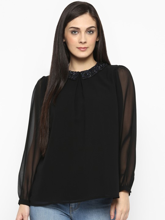 Women Black Solid A-Line Top XS