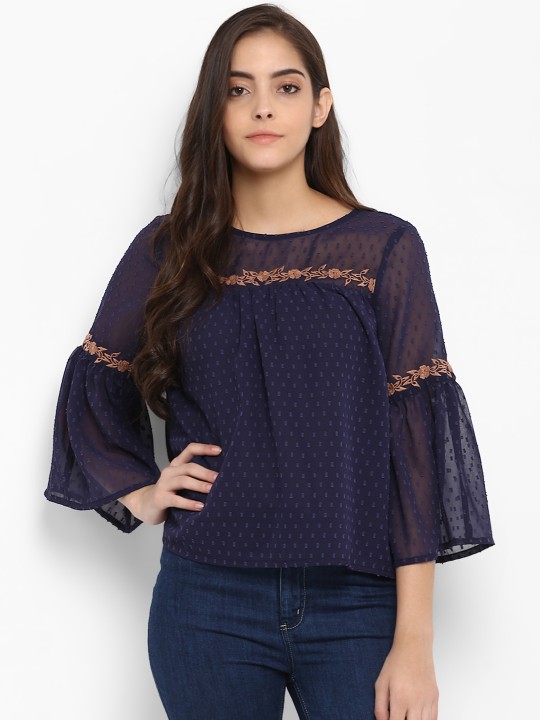 Women Navy Blue Self Design Top S