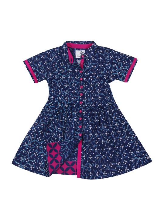 Girls Blue Ethnic Printed Shirt Dress 1-2Y