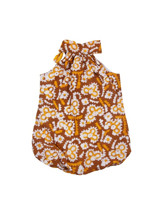 Girls Brown Ethnic Printed Balloon Dress 1-2Y