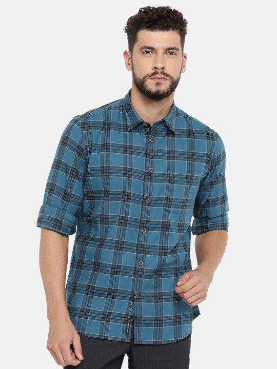 Men Blue & Black Slim Fit Checked Casual Shirt 38