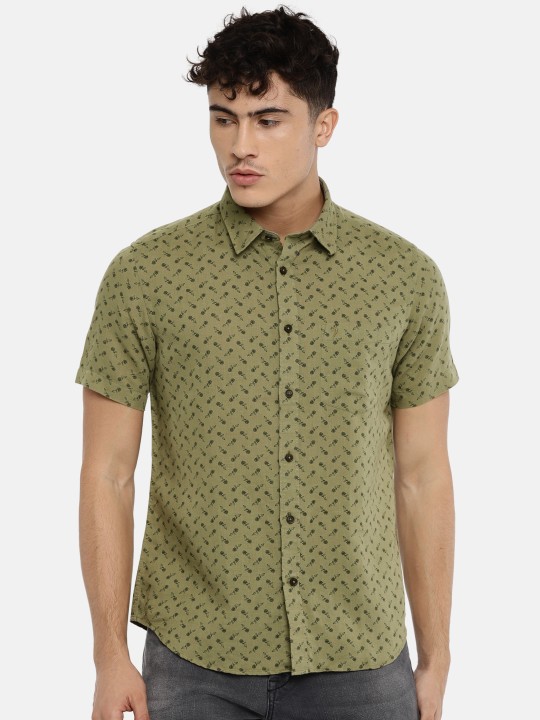 Men Olive Green Slim Fit Floral Printed Casual Shirt