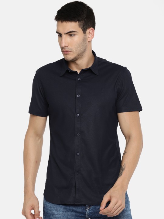 Men Navy Blue Regular Fit Solid Casual Shirt