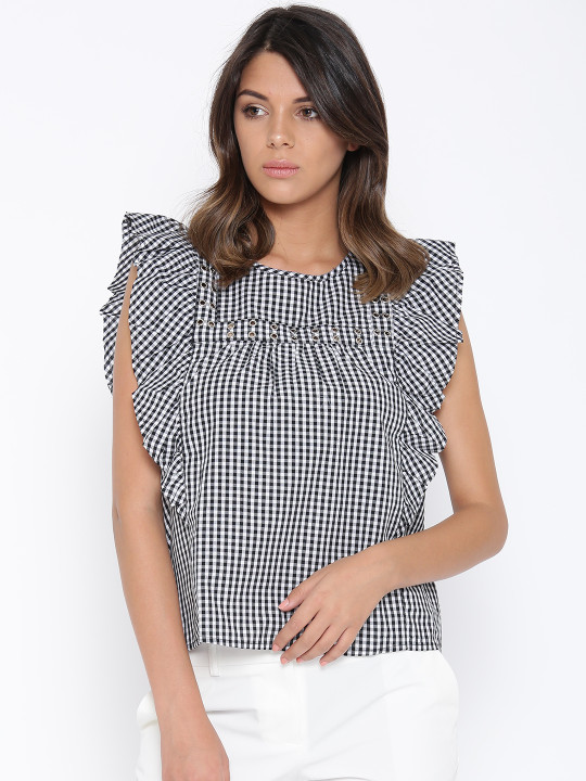 Women Black & White Checked A-Line Top M