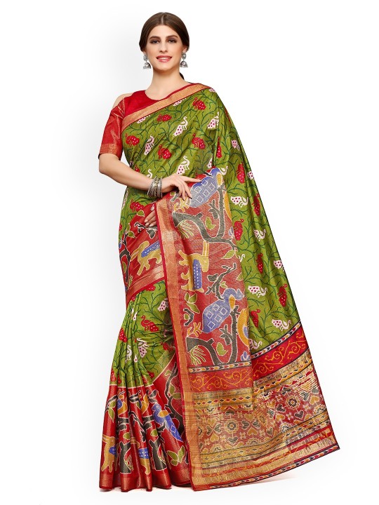 Green Printed Art Silk Saree