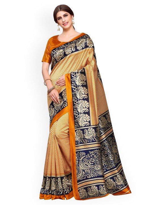 Mustard & Navy Blue Art Silk Printed Saree