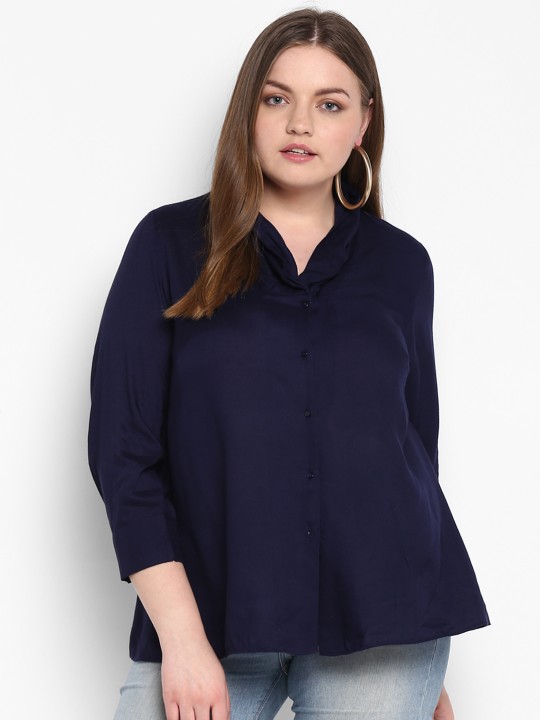 Women Navy Blue Regular Fit Solid Casual Shirt XL