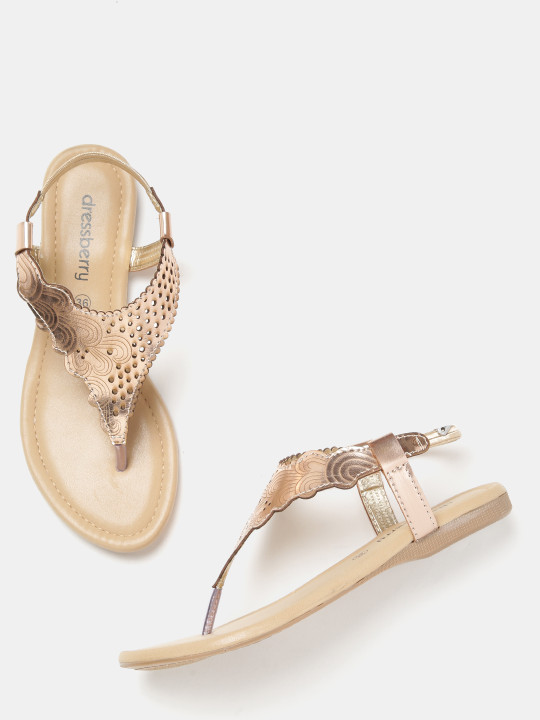 Women Rose Gold Toned Solid Perforated Open Toe Flats 38 - Main Image