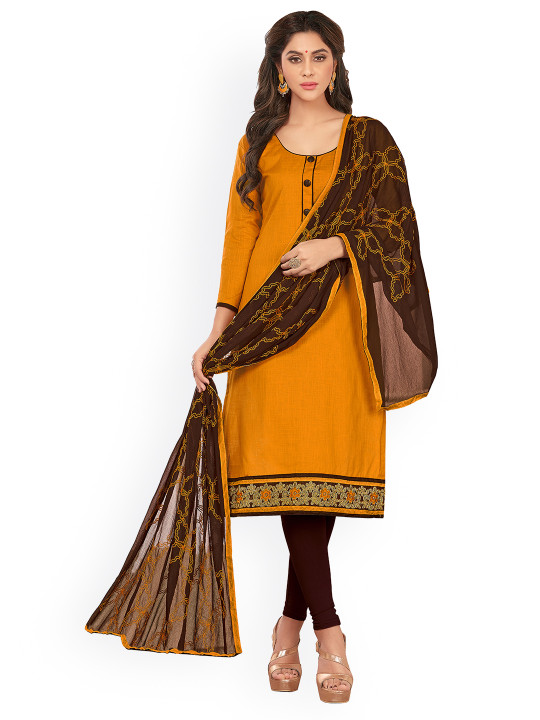 Mustard And Brown Cotton Blend Unstitched Dress Material | Desertcart  Trinidad and Tobago