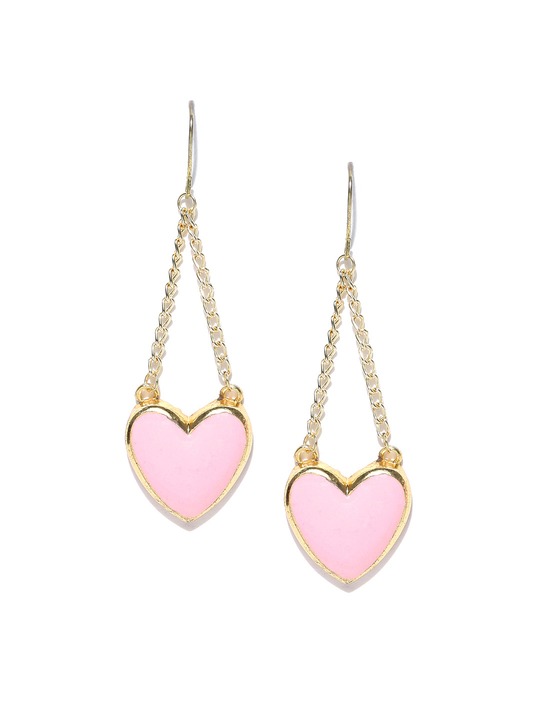 Pink & Gold-Toned Enamelled Heart Shaped Drop Earrings