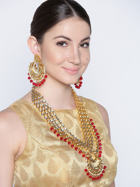 Gold-Plated Kundan-Studded Beaded Layered Jewellery Set