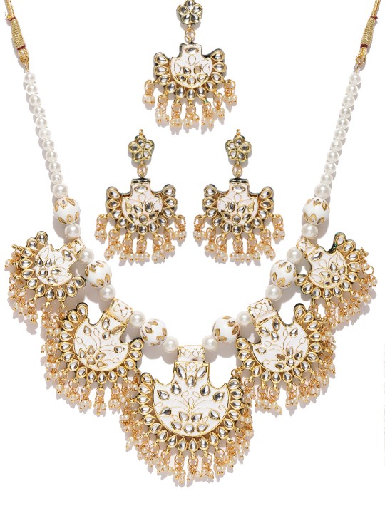 White Gold-Plated Handcrafted Enamelled Kundan Jewellery Set