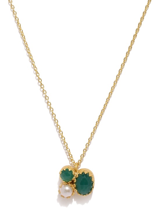 Women Gold-Toned Green Onyx & Pearl Silver Chain Pendant