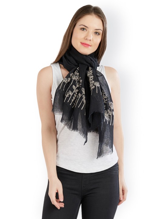 Women Black & Grey Embroidered Stole