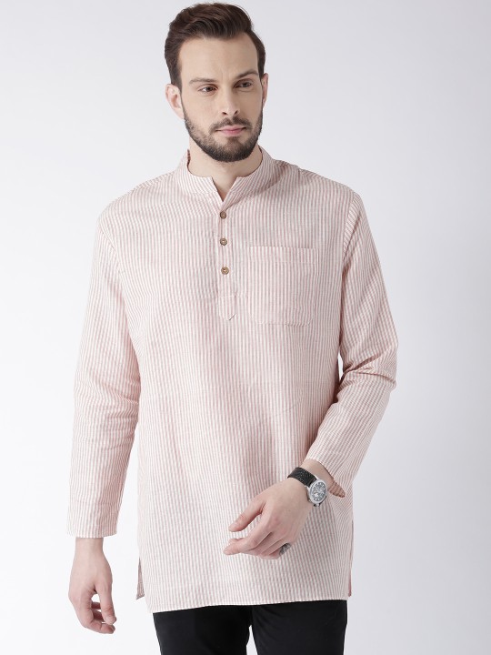 Men White & Red Striped Straight Kurta XL