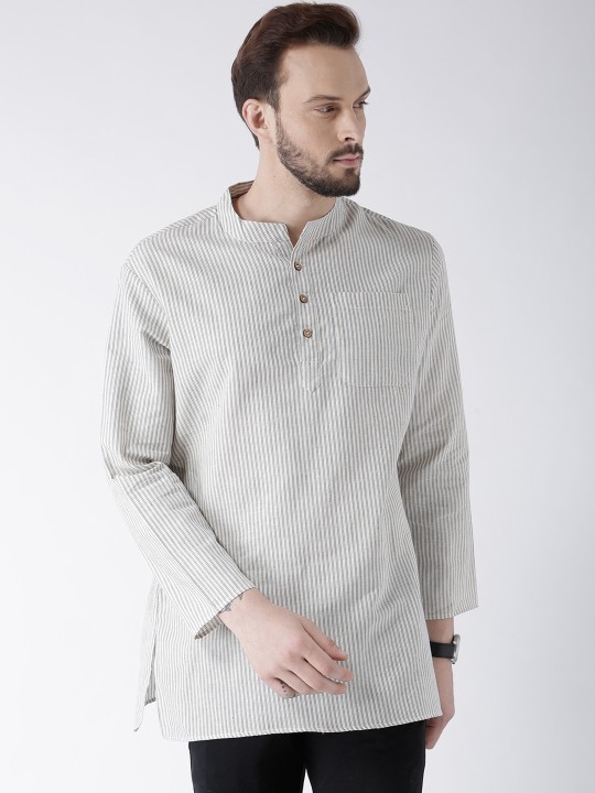 Men White & Grey Striped Straight Kurta S
