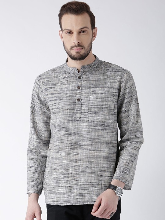 Men Grey & Navy Blue Woven Design Straight Kurta S