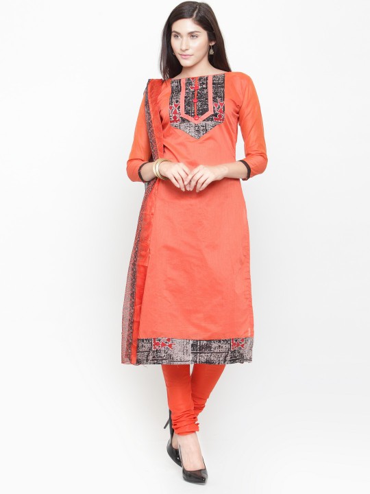 Women Orange Unstitched Dress Material