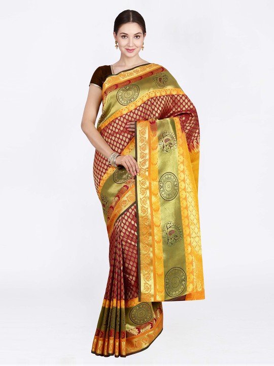Maroon & Green Art Silk Woven Design Kanjeevaram Saree