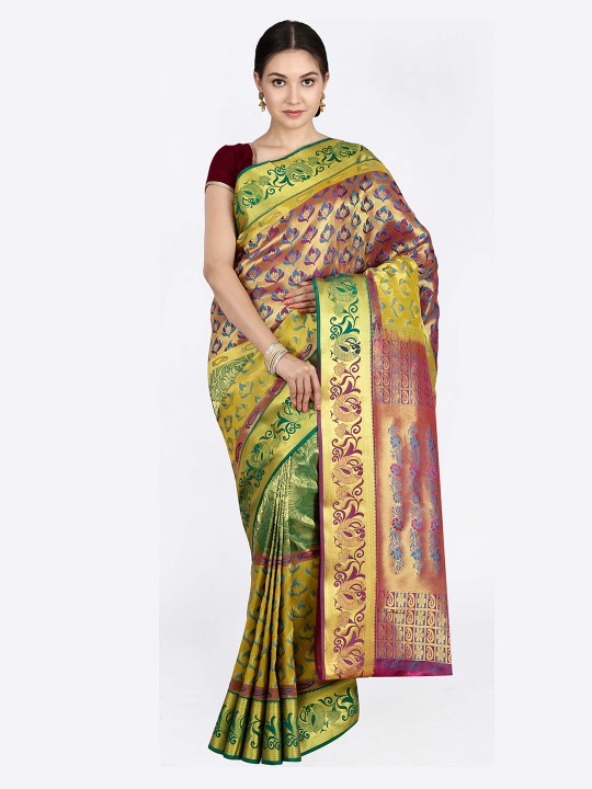 Green & Gold-Toned Art Silk Woven Design Kanjeevaram Saree