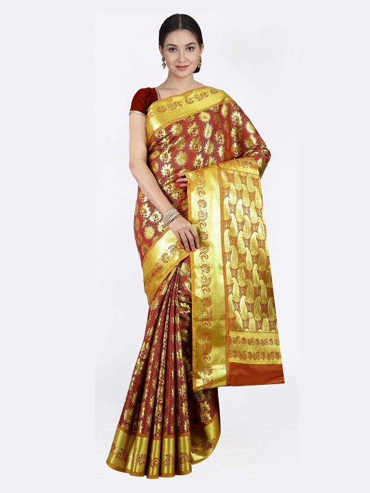 Maroon & Gold-Toned Art Silk Woven Design Kanjeevaram Saree