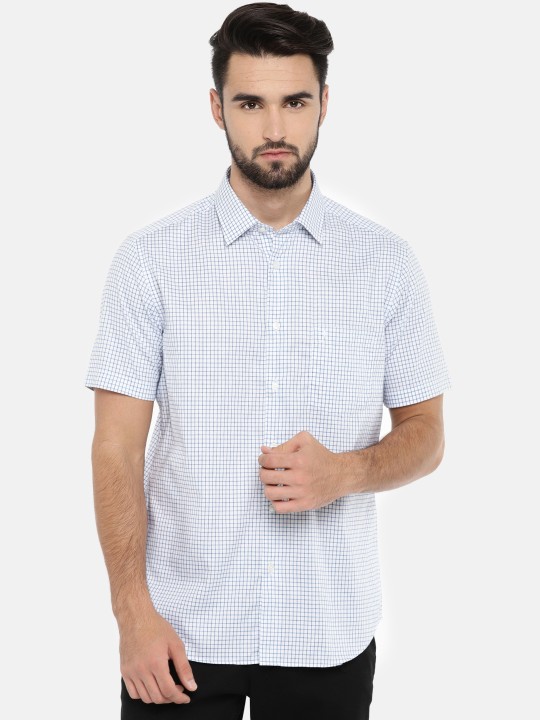 Men White & Blue Slim Fit Checked Casual Shirt