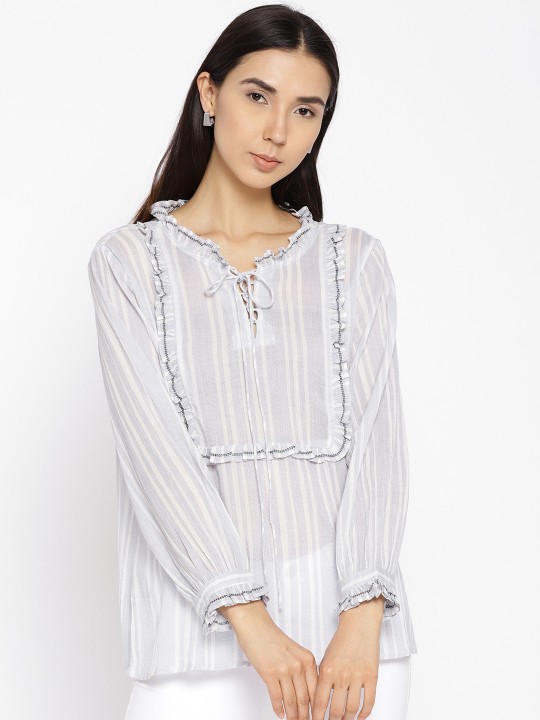 Women Blue & Off-White Striped Semi-Sheer Top XS