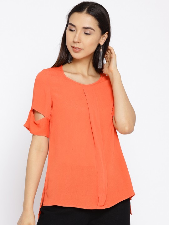 Women Orange Solid Styled Back Top XS