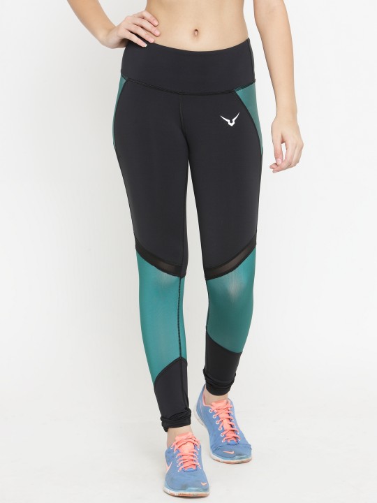 Women Black & Green Colourblocked Tights XS