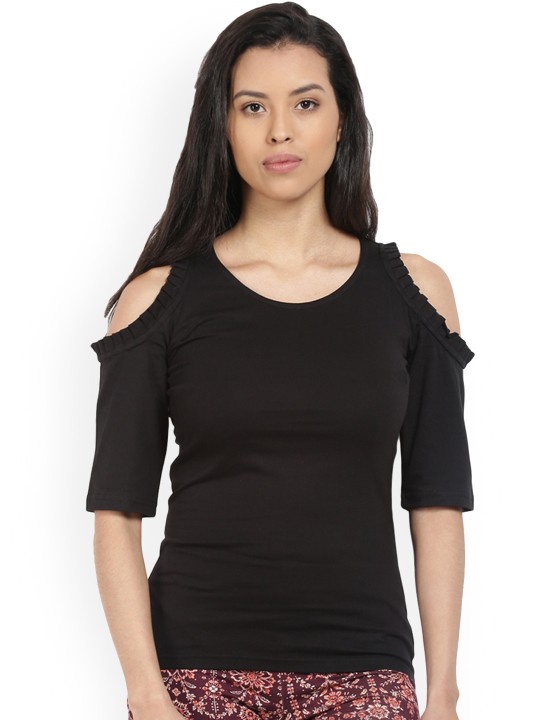 Women Black Solid Fitted Top S