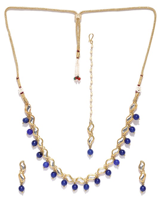 Blue Gold-Plated Kundan-Studded Handcrafted Jewellery Set