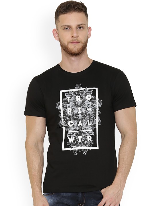 Men Black Printed Round Neck T-shirt S