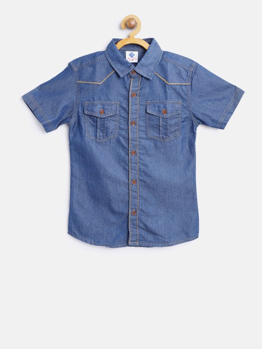 Boys Blue Regular Fit Solid Denim Casual Shirt 5-6Y