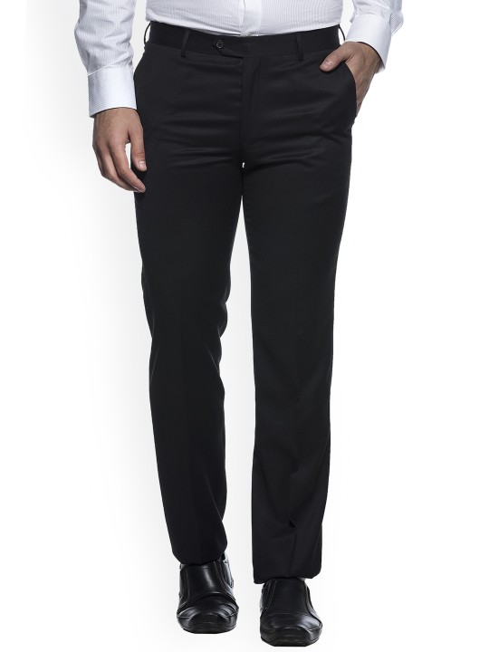 Men Navy Blue Slim Fit Solid Formal Trousers 32