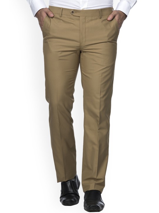 Men Khaki Slim Fit Solid Formal Trousers 32
