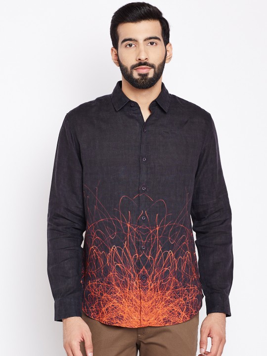 Men Charcoal Grey & Coral Orange Slim Fit Printed Casual Linen Shirt 46