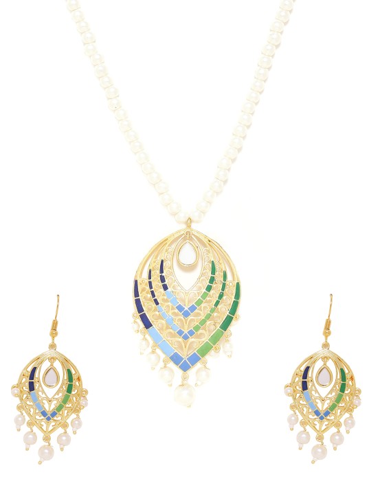 Gold-Toned Blue & Green Enamelled Jewellery Set