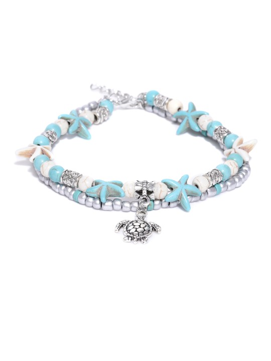 Oxidised Silver-Toned & Turquoise Blue Beaded Charm Anklet