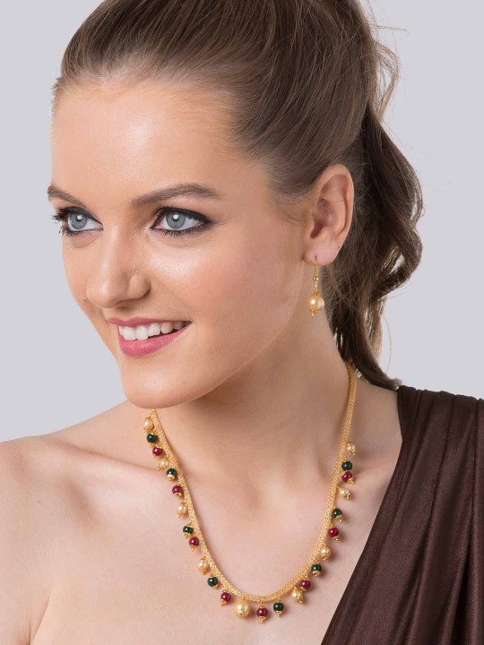 Gold-Toned & Green Pearl Jewellery Set