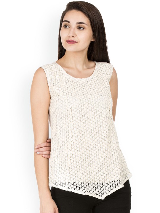 Women Cream-Coloured Self Design Top XS