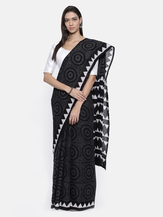 Black & White Hand Block Print Saree