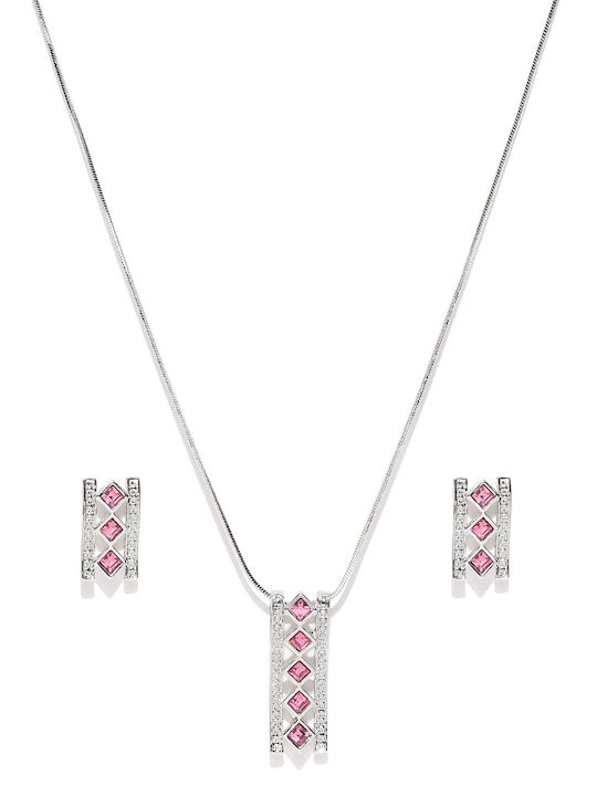 Silver-Toned & Pink Swarovski Crystals-Studded Jewellery Set