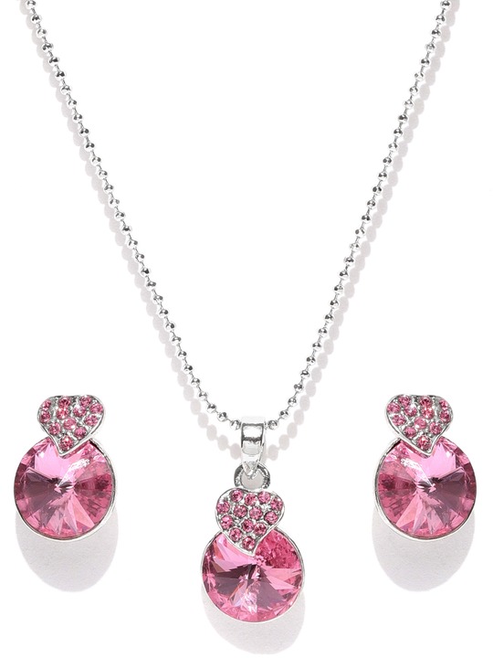 Silver-Toned & Pink Swarovski Crystal-Studded Jewellery Set