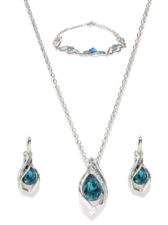 Silver-Toned & Blue Crystal-Studded Jewellery Set