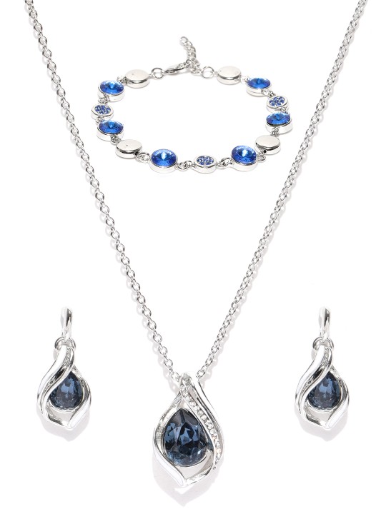 Silver-Toned & Blue Stone-Studded Jewellery Set