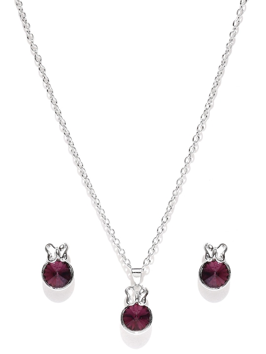Silver-Toned & Purple Crystal-Studded Jewellery Set