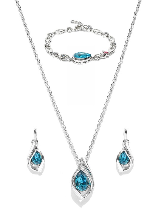 Silver-Toned & Blue Crystal-Studded Jewellery Set