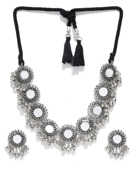 Oxidised Silver-Toned & Black Mirror-Work Jewellery Set