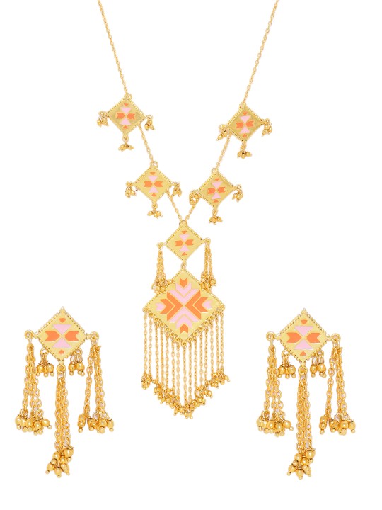 Gold-Toned & Orange Enamelled Jewellery Set